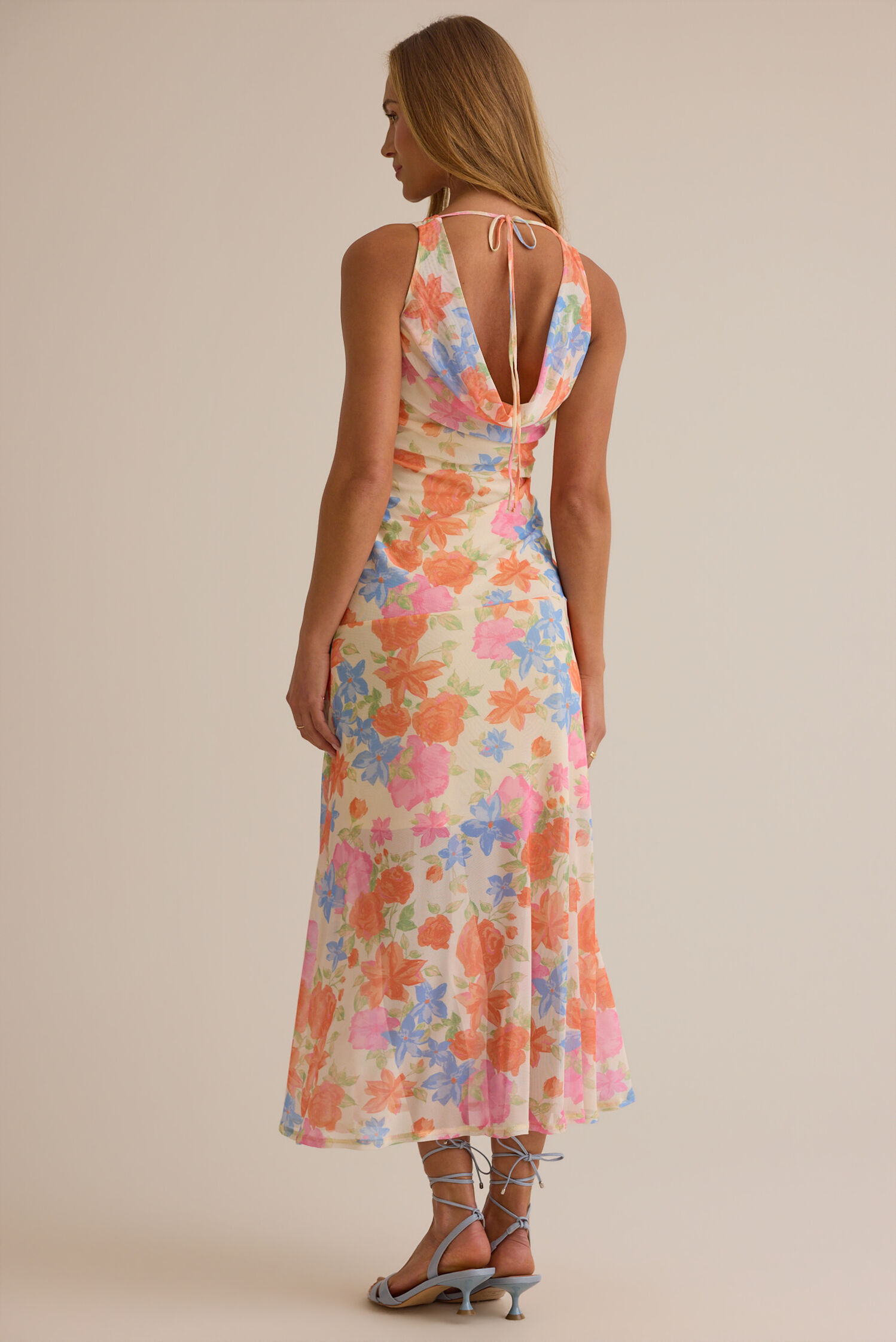 Elegant Floral Print Boat-Neck Halter Tie-Back Midi Prom Dresses
