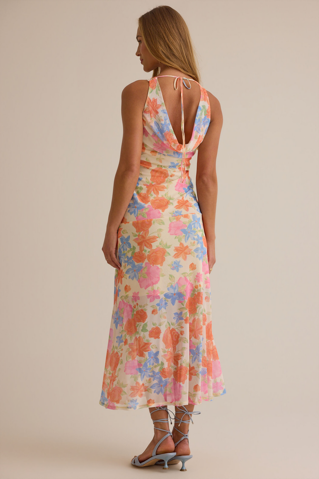Ivory Floral Print Chiffon A-Line Ankle-Length Dress with Boat Neck
