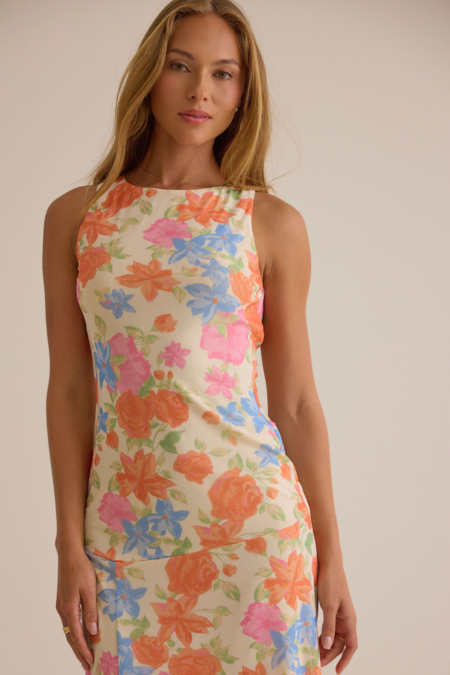Elegant Floral Print Boat-Neck Halter Tie-Back Midi Prom Dresses