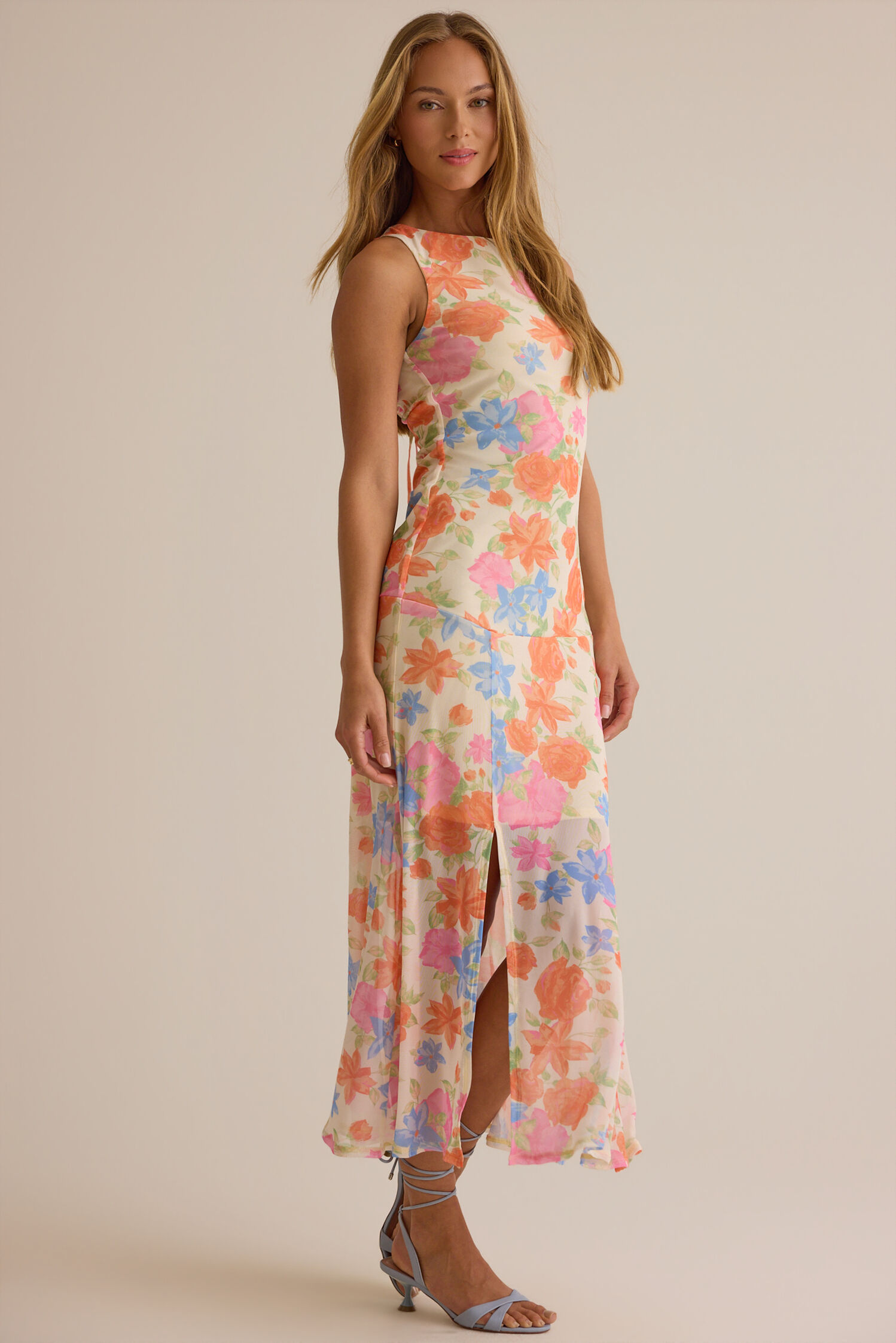 Elegant Floral Print Boat-Neck Halter Tie-Back Midi Prom Dresses