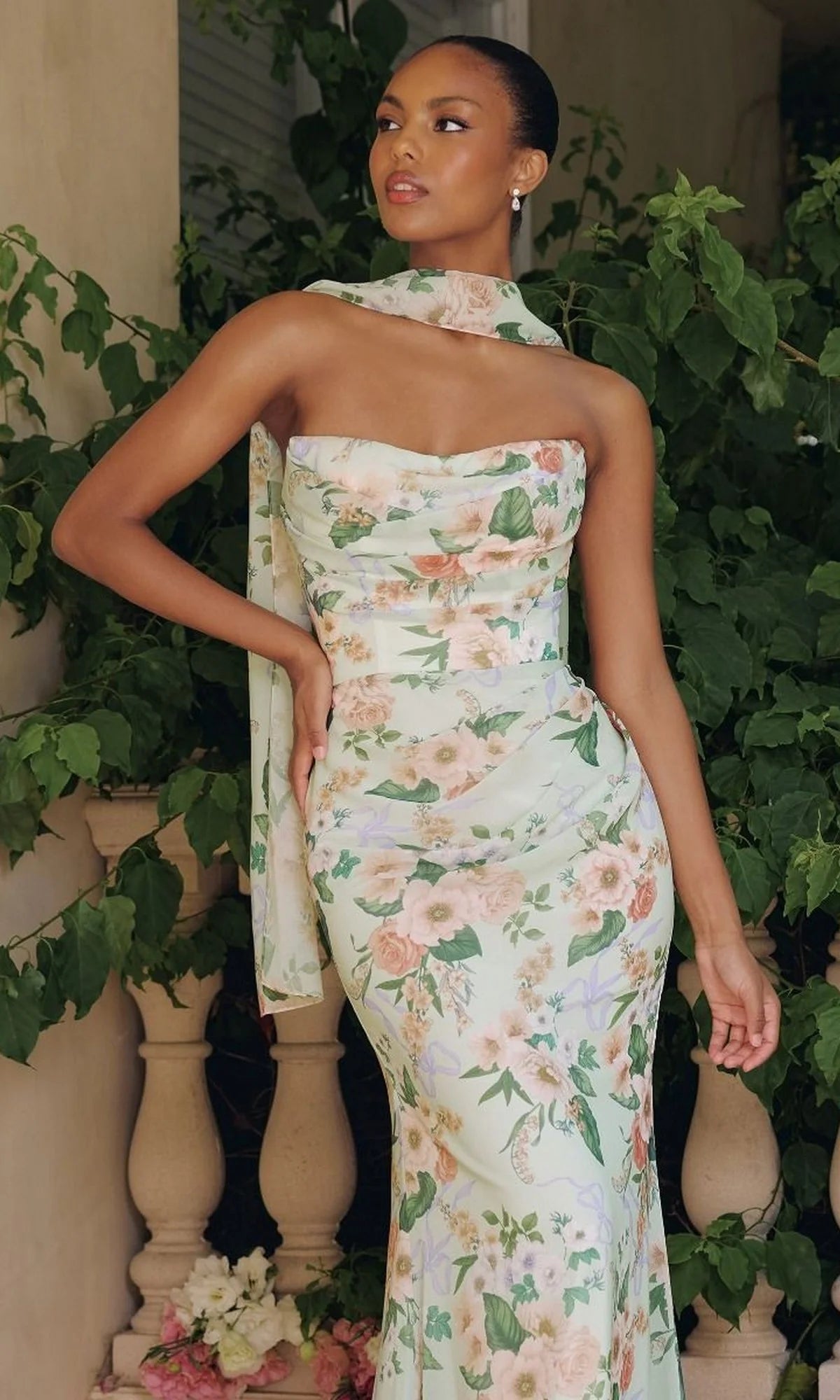 Elegant Floral Print Chiffon Mermaid Strapless Sweetheart Neck Sleeveless Slit Maxi Prom Dresses