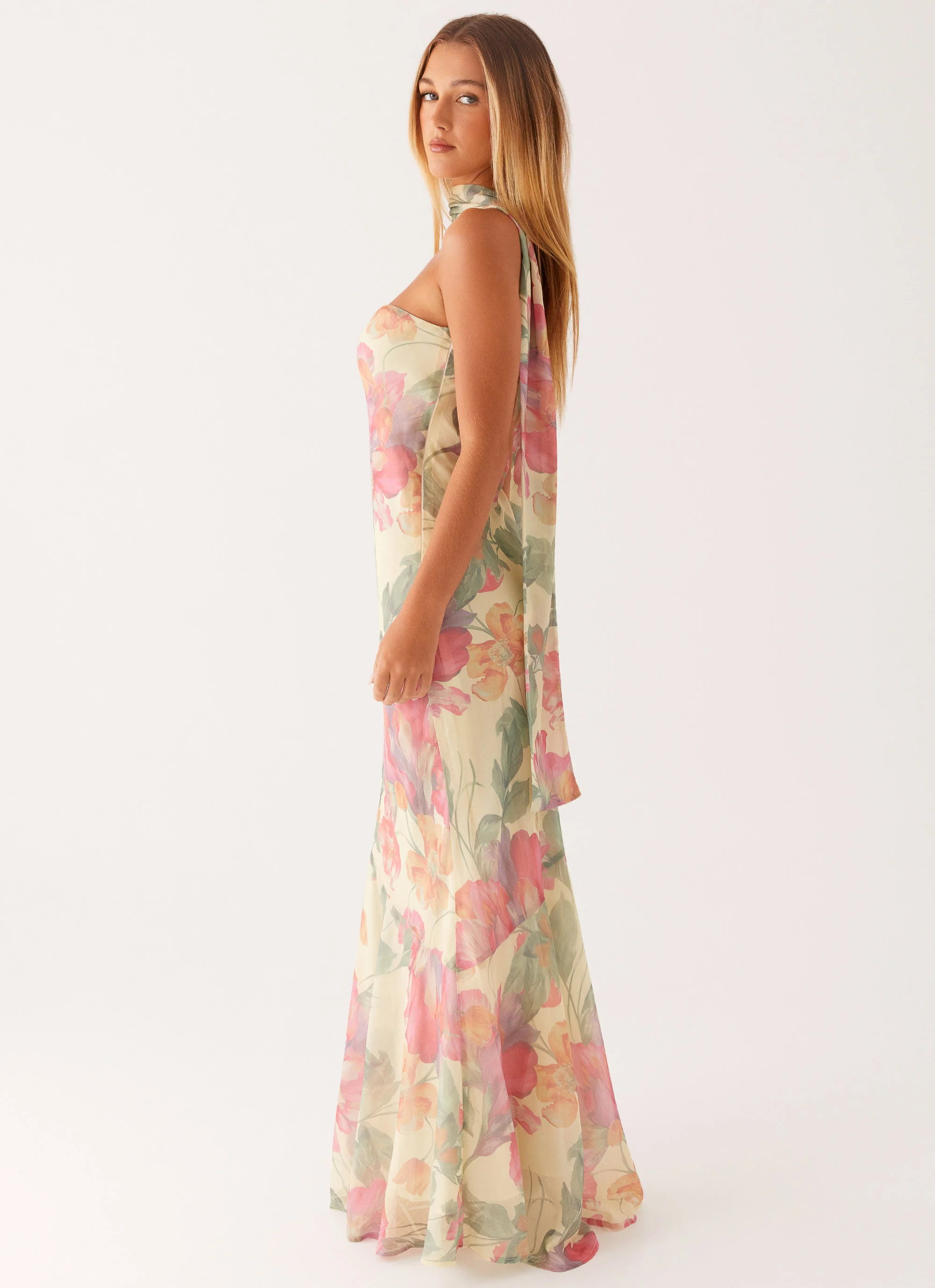 Elegant Floral Print Mermaid Strapless Choker Neck Open Back Floor Length Prom Dress