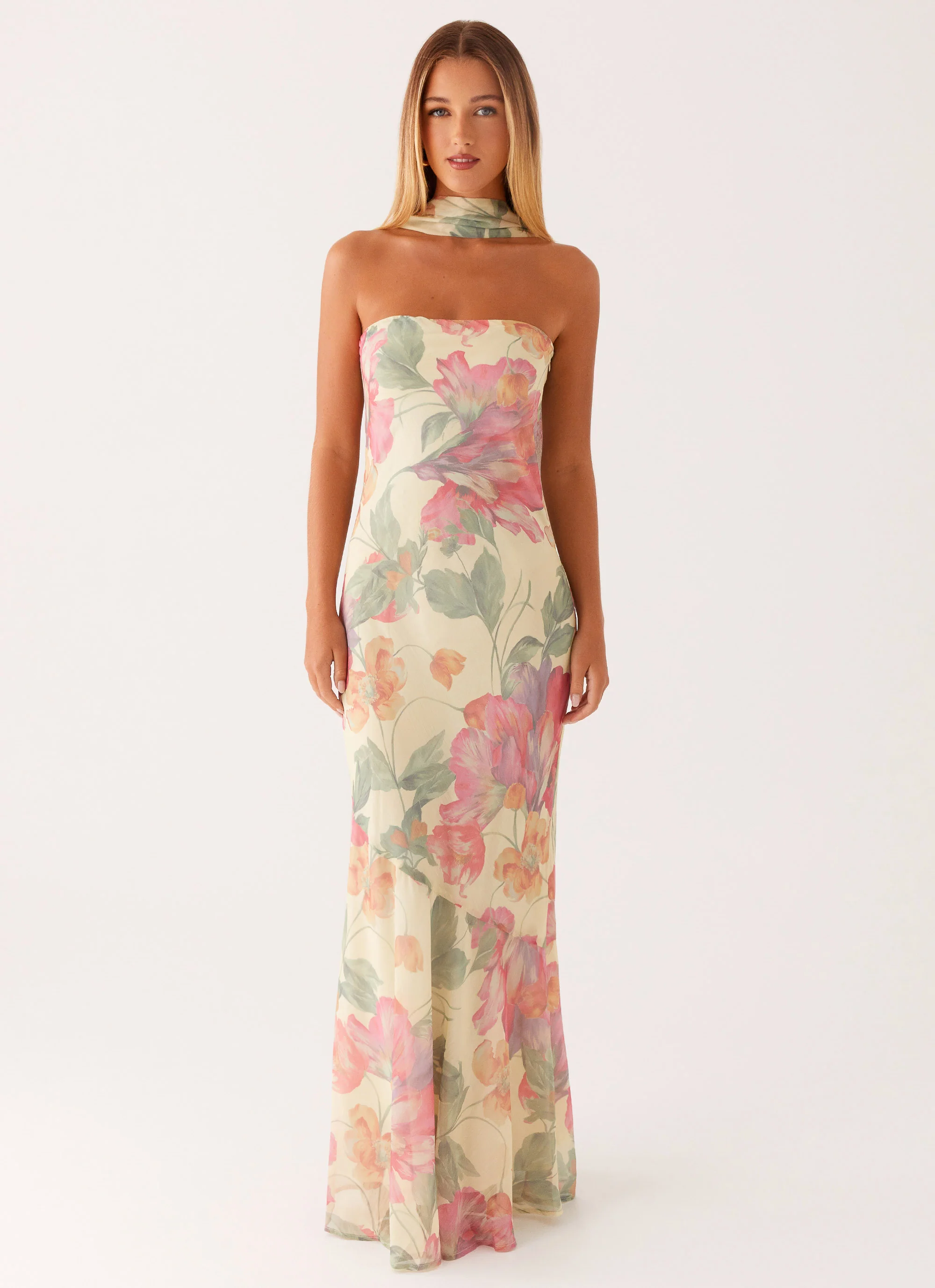 Elegant Floral Print Mermaid Strapless Choker Neck Open Back Floor Length Prom Dress