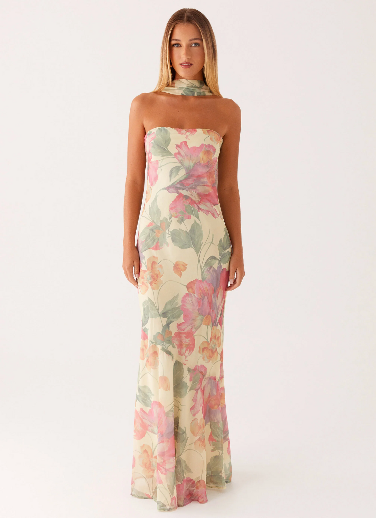 Mist Floral Print Strapless Chiffon Sheath/Column Floor-Length Evening Dress
