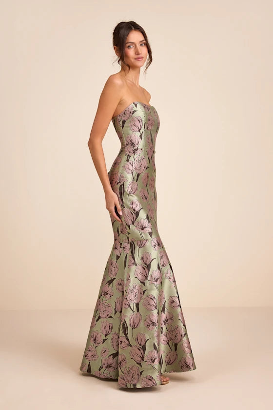 Elegant Floral Print Satin Mermaid Strapless Sweetheart Neck Floor-Length Prom Dresses