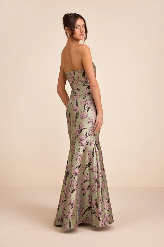 Elegant Floral Print Satin Mermaid Strapless Sweetheart Neck Floor-Length Prom Dresses