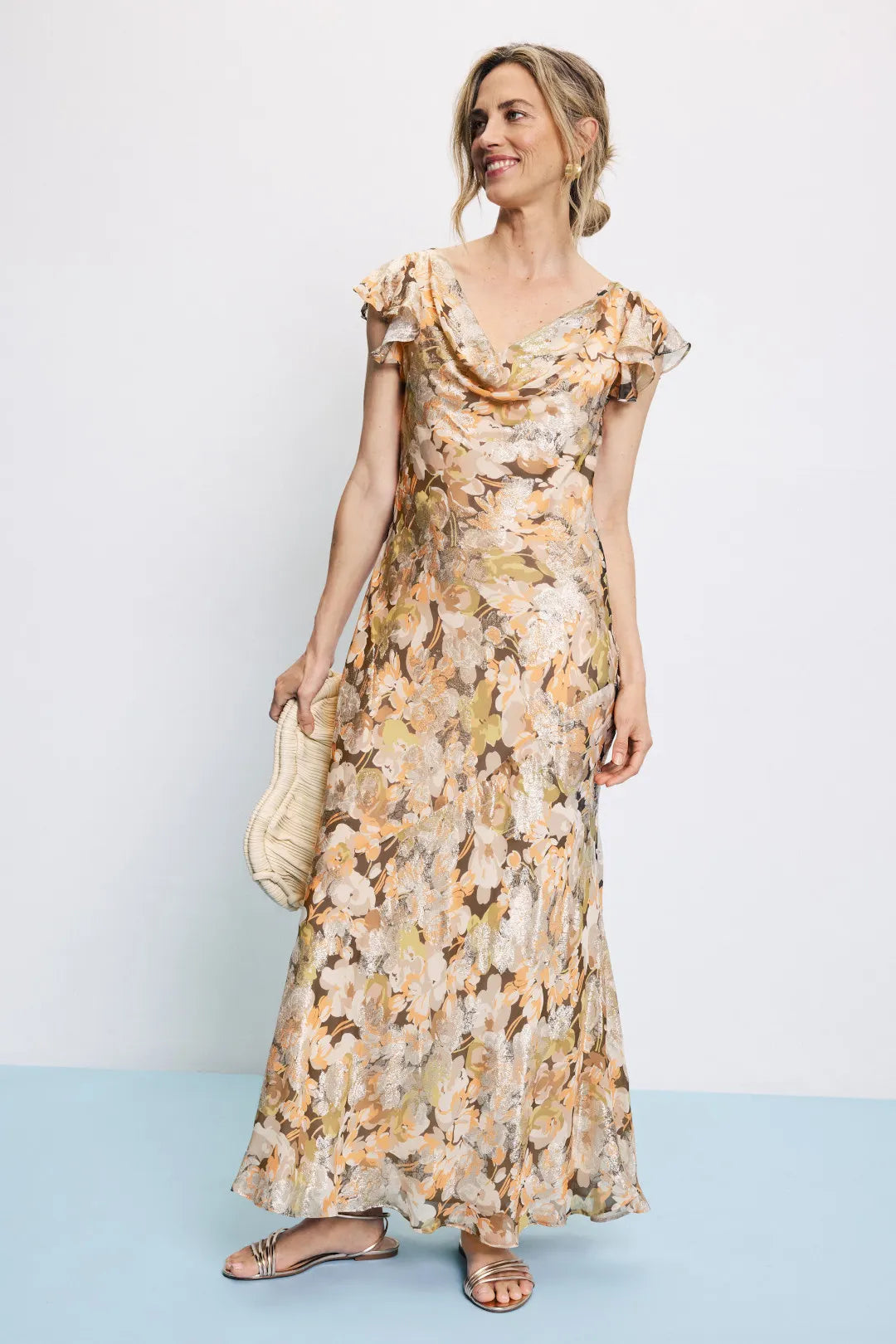 Elegant Floral Print Slip Cowl Neck Ruffle Sleeve Closed Back Floor Length Prom Dress