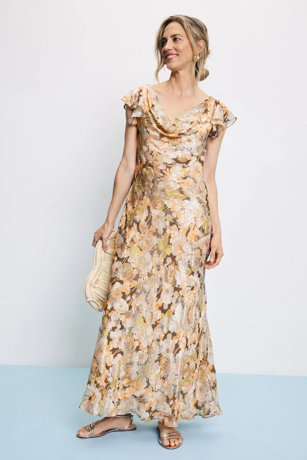 Gold Chiffon A-Line Floor-Length Evening Dress with Cowl Neck & Metallic Floral Print