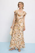 Gold Chiffon A-Line Floor-Length Evening Dress with Cowl Neck & Metallic Floral Print