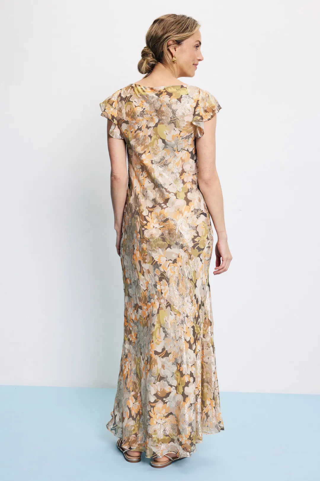 Elegant Floral Print Slip Cowl Neck Ruffle Sleeve Closed Back Floor Length Prom Dress