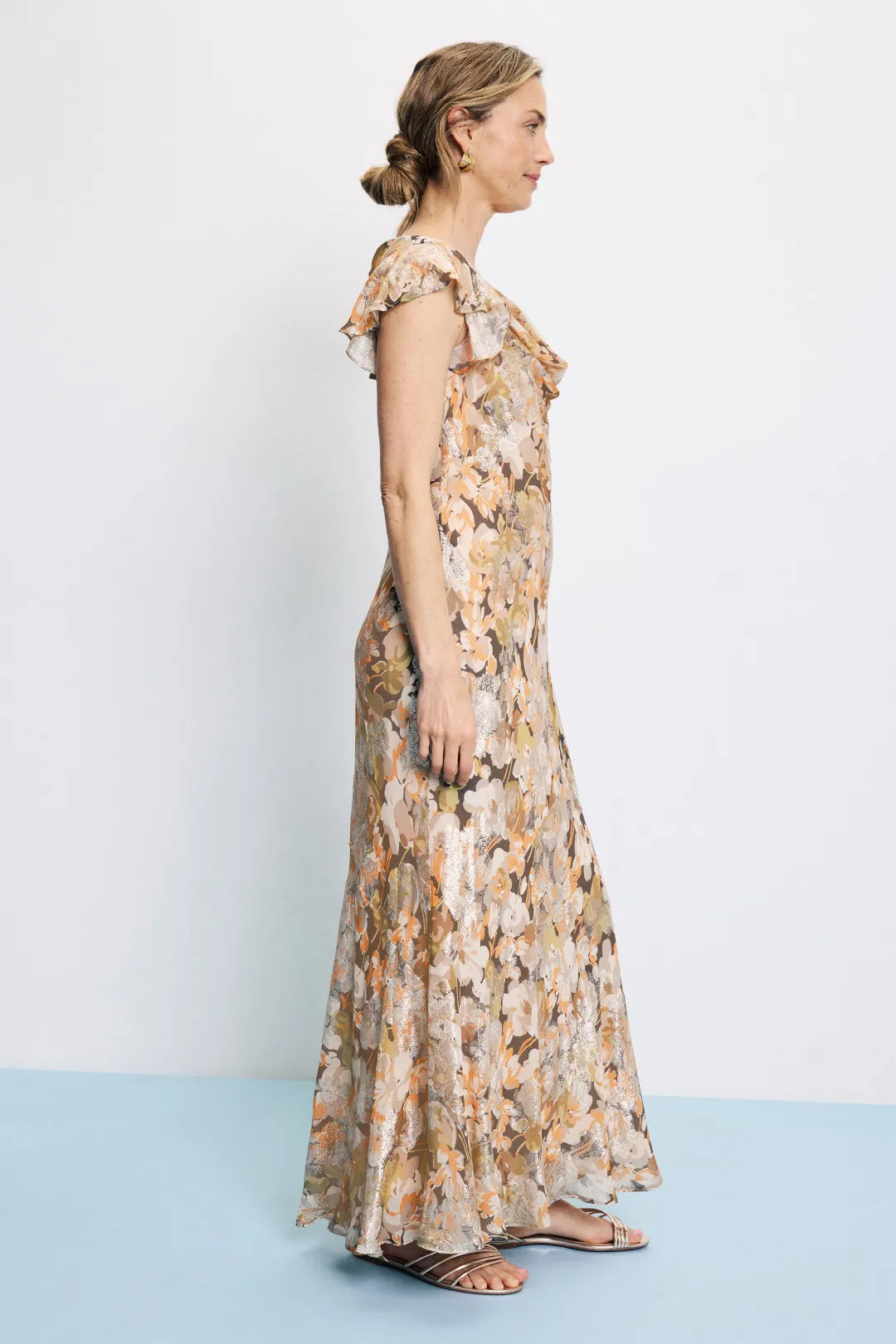 Elegant Floral Print Slip Cowl Neck Ruffle Sleeve Closed Back Floor Length Prom Dress