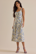 Ivory Floral Print A-Line Midi Dress with Square Neck