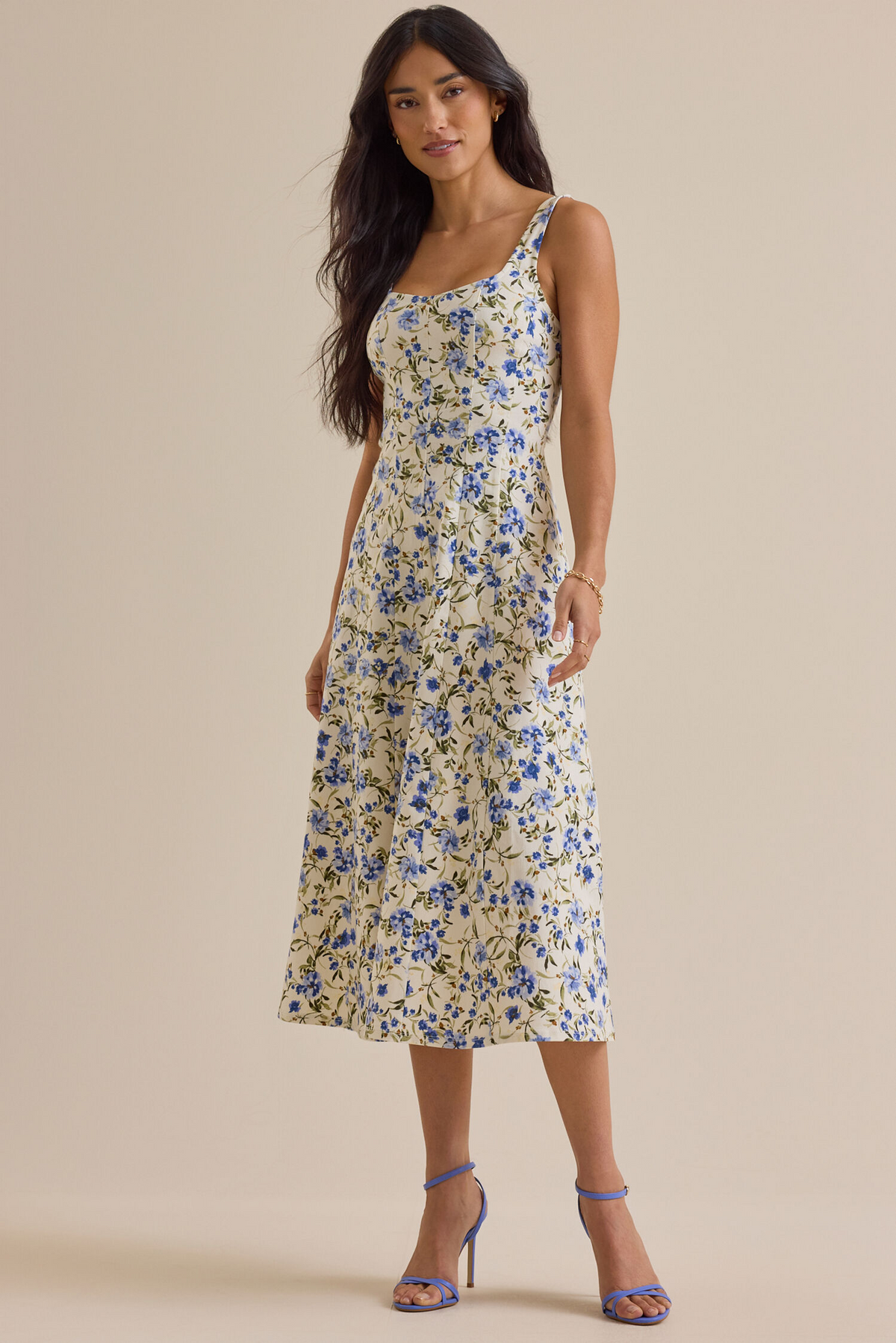 Ivory Floral Print A-Line Midi Dress with Square Neck
