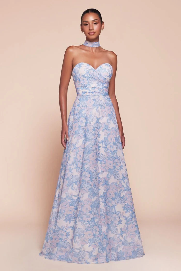 Elegant Floral Print Strapless A-Line Choker Neck Floor-Length Prom Dress