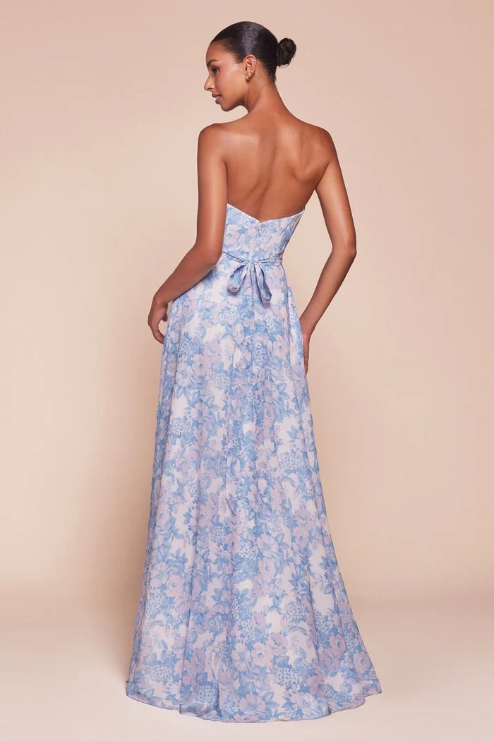 Elegant Floral Print Strapless A-Line Choker Neck Floor-Length Prom Dress