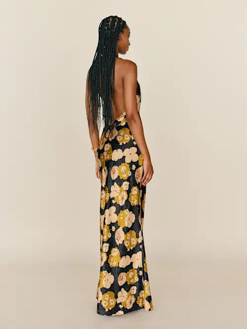 Black Satin Sheath/column Dress with Halter Neckline