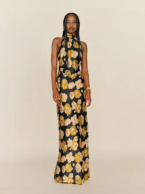 Black Satin Sheath/column Dress with Halter Neckline