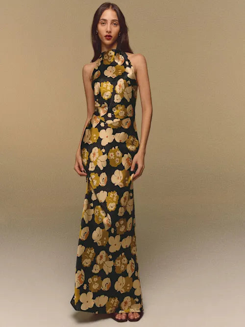 Elegant Floral Satin Sheath Halter Neck Sleeveless Open Back Maxi Prom Dresses