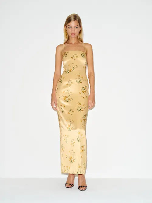 Elegant Floral Satin Sheath Square Neck Spaghetti Strap Smocked Back Maxi Prom Dresses