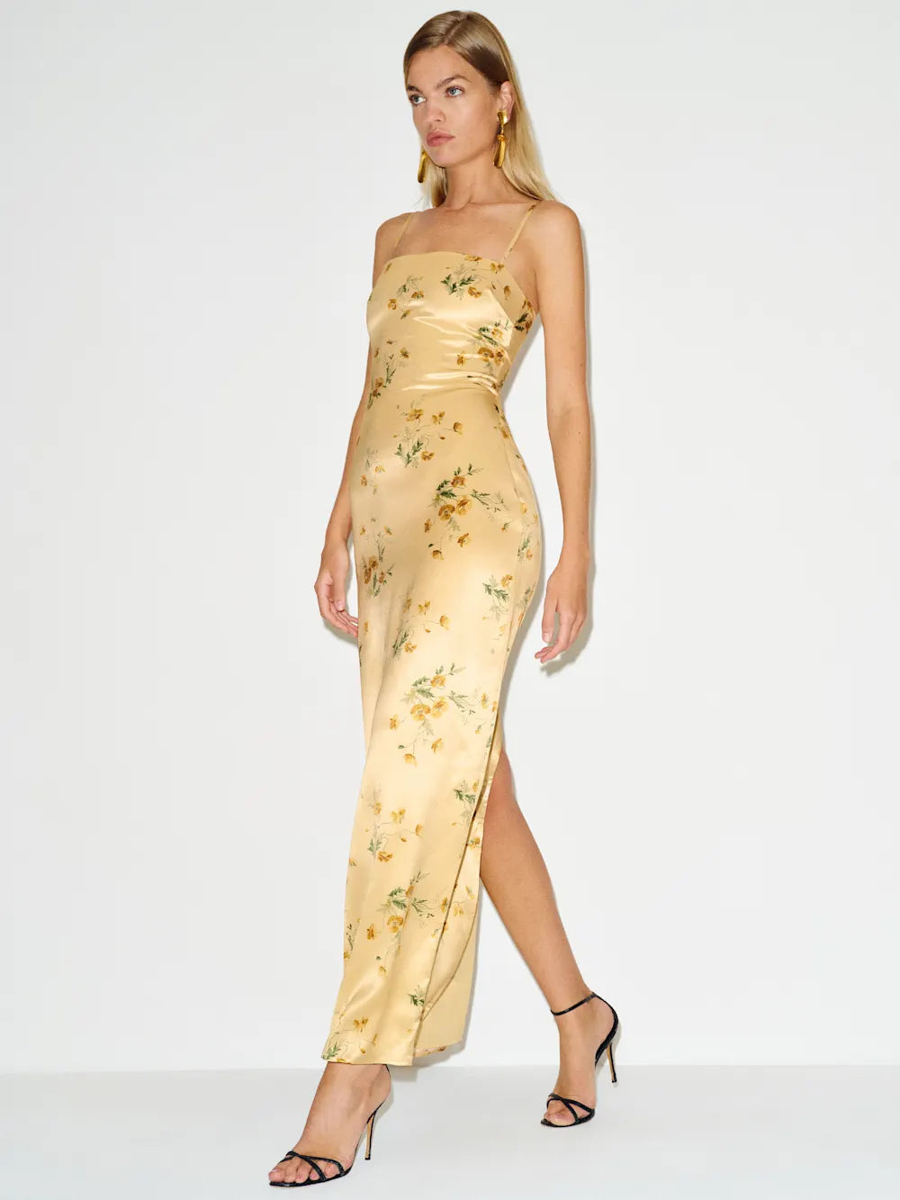 Elegant Floral Satin Sheath Square Neck Spaghetti Strap Smocked Back Maxi Prom Dresses