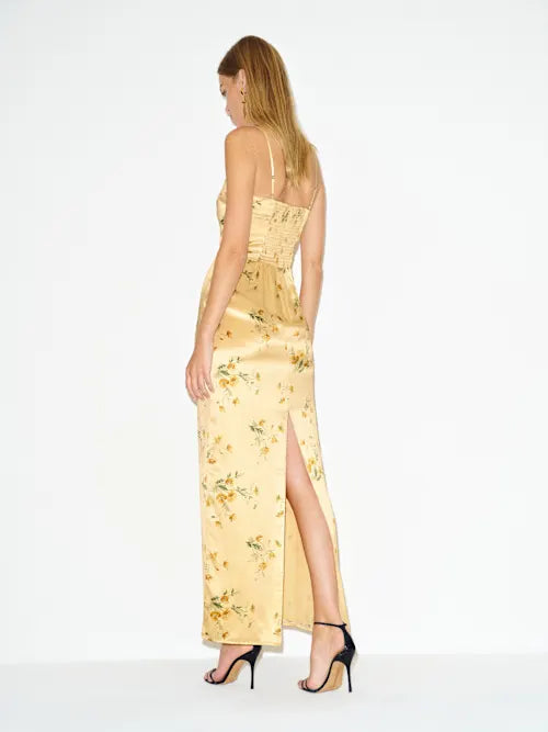 Elegant Floral Satin Sheath Square Neck Spaghetti Strap Smocked Back Maxi Prom Dresses
