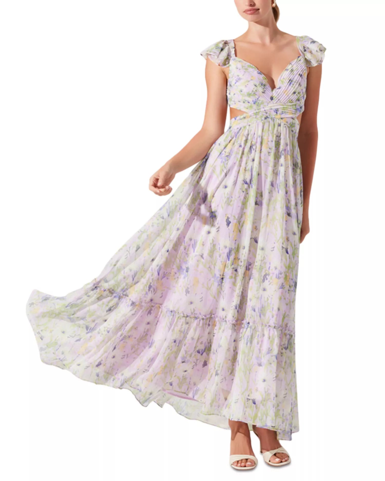 Elegant Flowy Floral Sweetheart Ruffle Cap Sleeve Lace-Up Back Cutout Ankle-Length Prom Dress