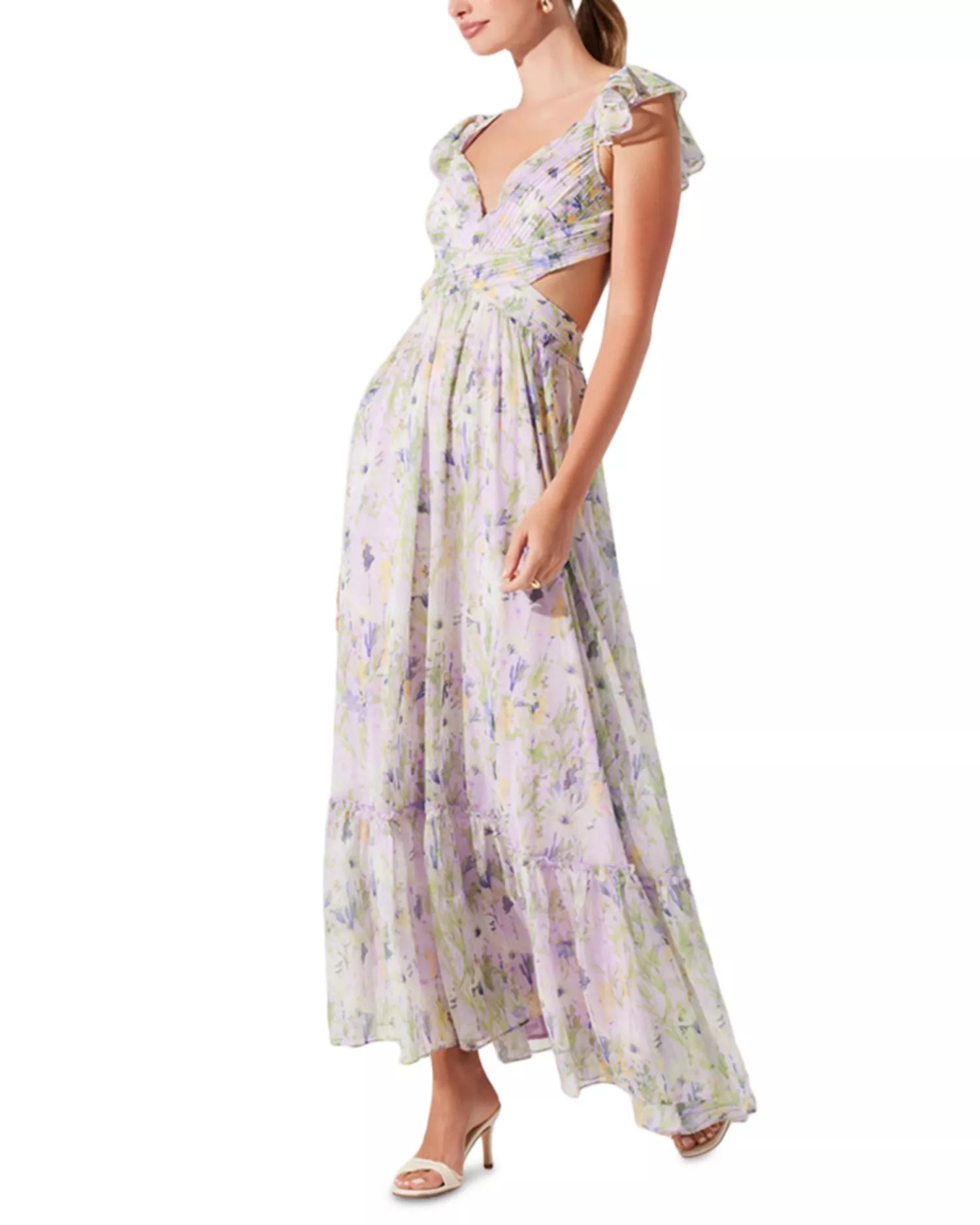 Elegant Flowy Floral Sweetheart Ruffle Cap Sleeve Lace-Up Back Cutout Ankle-Length Prom Dress