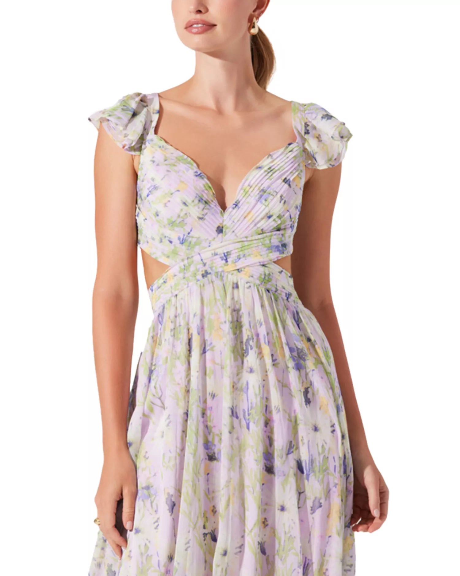 Elegant Flowy Floral Sweetheart Ruffle Cap Sleeve Lace-Up Back Cutout Ankle-Length Prom Dress