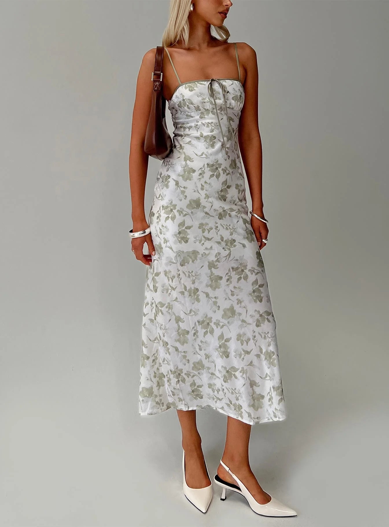 Elegant Flowy Square Neck Spaghetti Strap Open Back Midi Floral Print Prom Dress