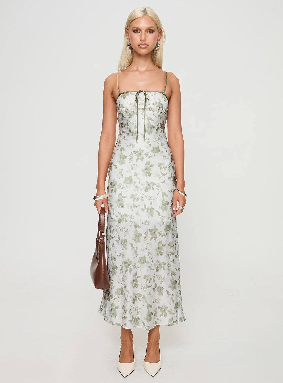 White Floral Print Satin Sheath Midi Dress - Sweetheart Tie-Front Bodice