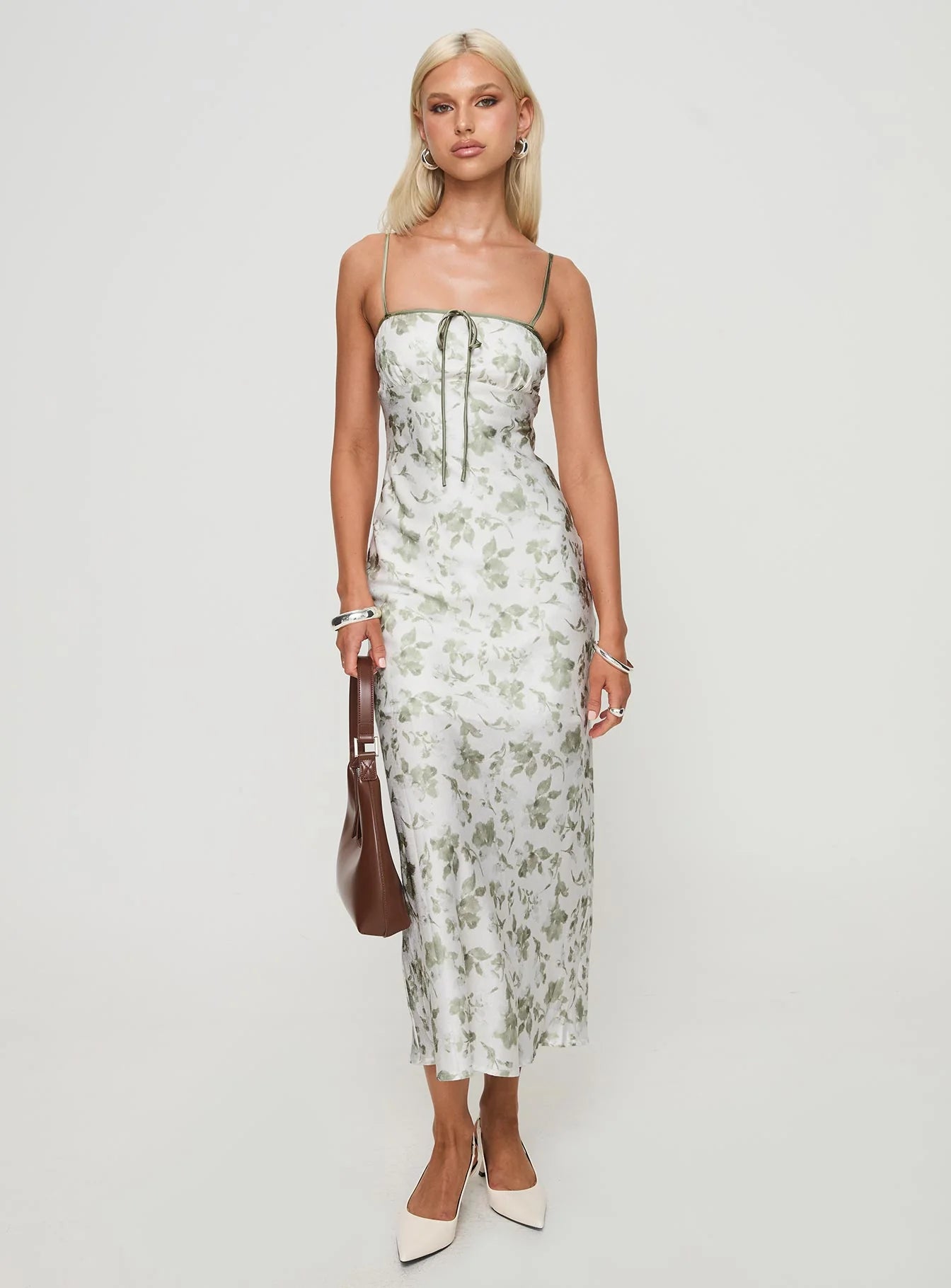 Elegant Flowy Square Neck Spaghetti Strap Open Back Midi Floral Print Prom Dress