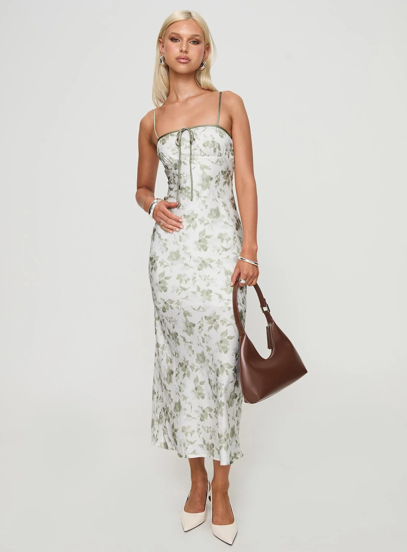 Elegant Flowy Square Neck Spaghetti Strap Open Back Midi Floral Print Prom Dress