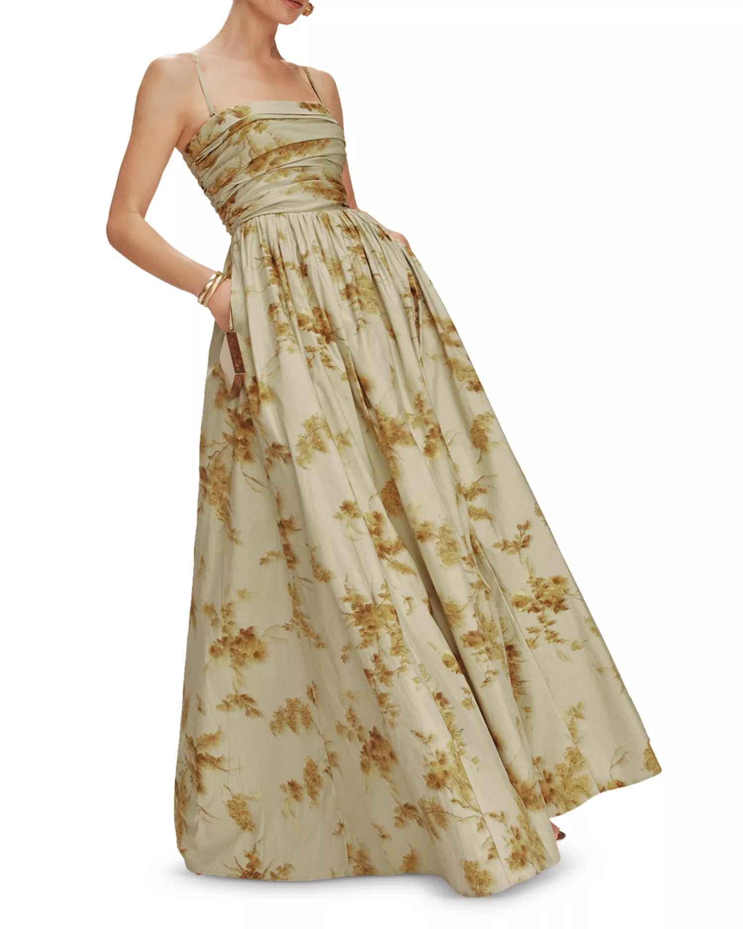 Elegant Flowy Strapless Square Neck Spaghetti Strap Smocked Back Ankle-Length Prom Dress