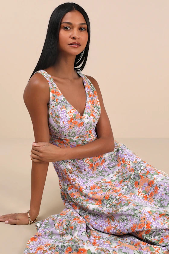 Green Floral Chiffon A-Line V-Neck Midi Dress - Wedding Guest & Party Dress
