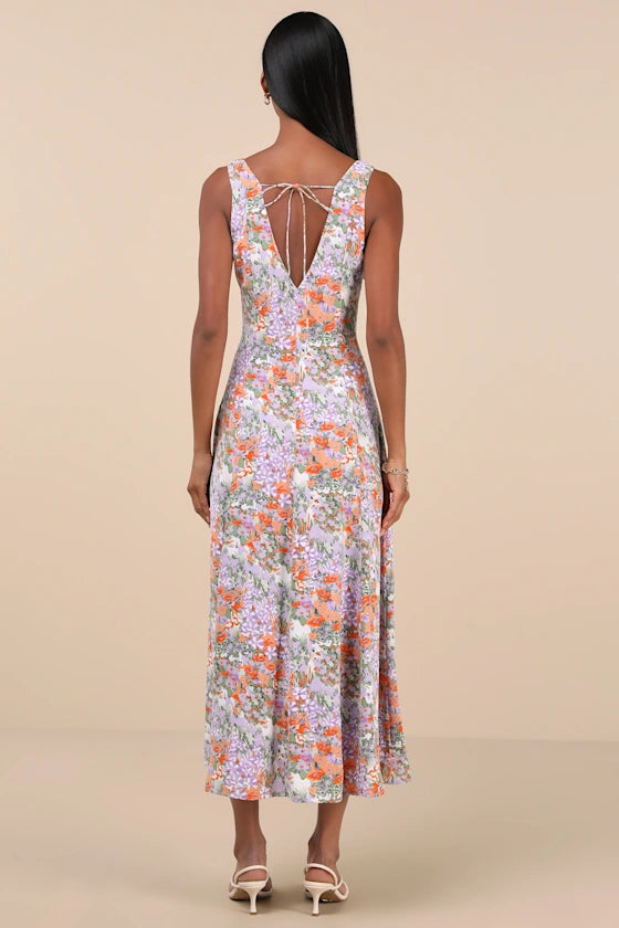 Green Floral Chiffon A-Line V-Neck Midi Dress - Wedding Guest & Party Dress