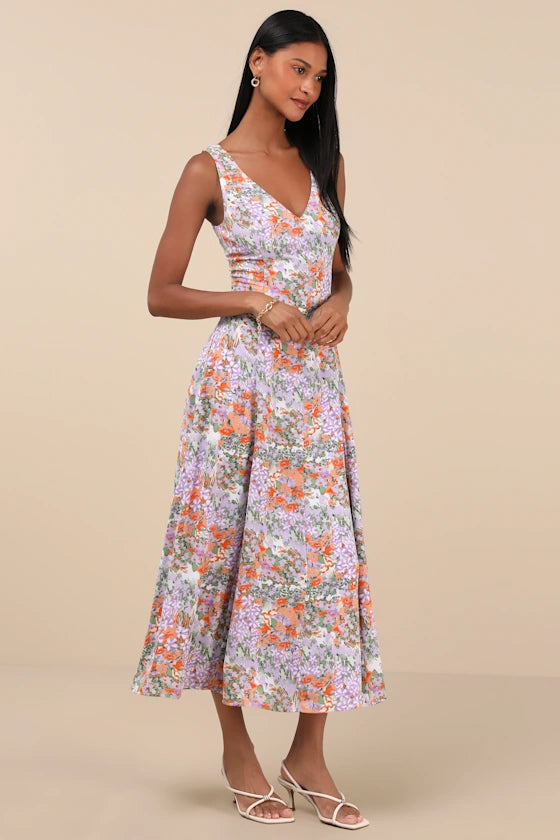 Green Floral Chiffon A-Line V-Neck Midi Dress - Wedding Guest & Party Dress