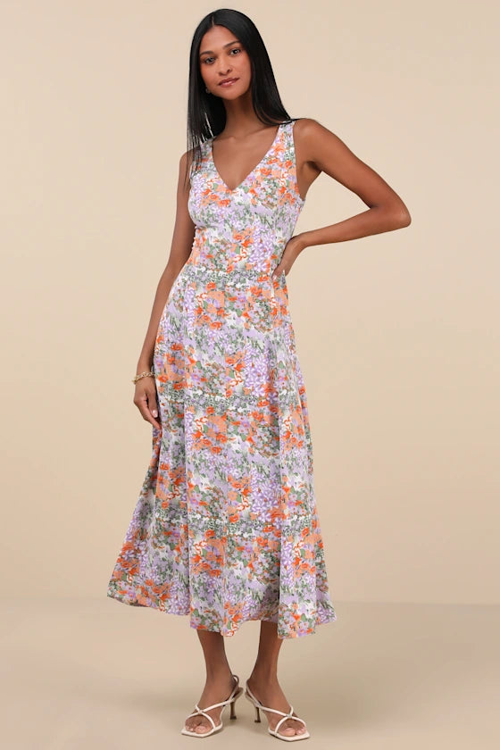 Green Floral Chiffon A-Line V-Neck Midi Dress - Wedding Guest & Party Dress