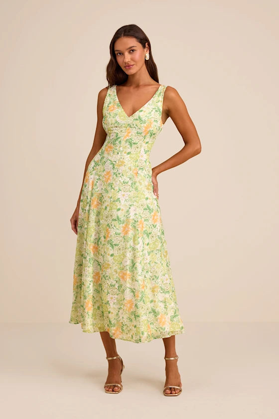 Green Floral Chiffon A-Line V-Neck Midi Dress - Wedding Guest & Party Dress