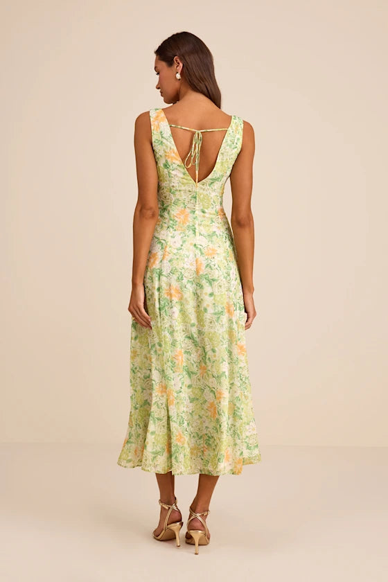 Green Floral Chiffon A-Line V-Neck Midi Dress - Wedding Guest & Party Dress