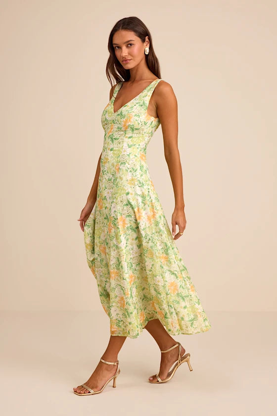 Green Floral Chiffon A-Line V-Neck Midi Dress - Wedding Guest & Party Dress