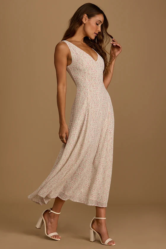 Green Floral Chiffon A-Line V-Neck Midi Dress - Wedding Guest & Party Dress