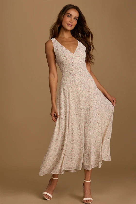 Green Floral Chiffon A-Line V-Neck Midi Dress - Wedding Guest & Party Dress