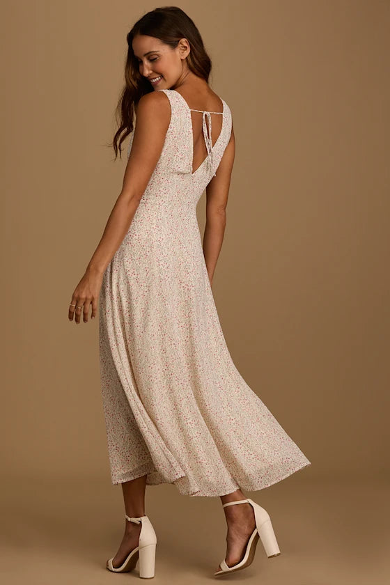 Green Floral Chiffon A-Line V-Neck Midi Dress - Wedding Guest & Party Dress