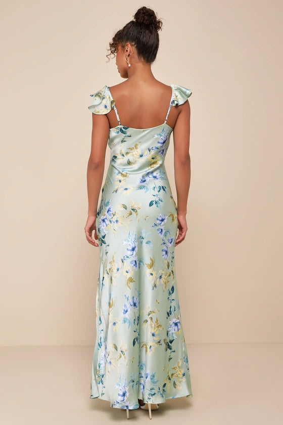 Elegant Fresh Romantic Fitted A-Line V-Neck Ruffle Strap Side Zip Satin Prom Dresses