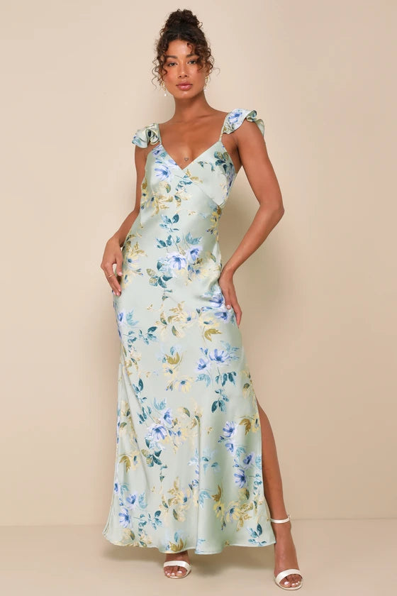 Elegant Fresh Romantic Fitted A-Line V-Neck Ruffle Strap Side Zip Satin Prom Dresses