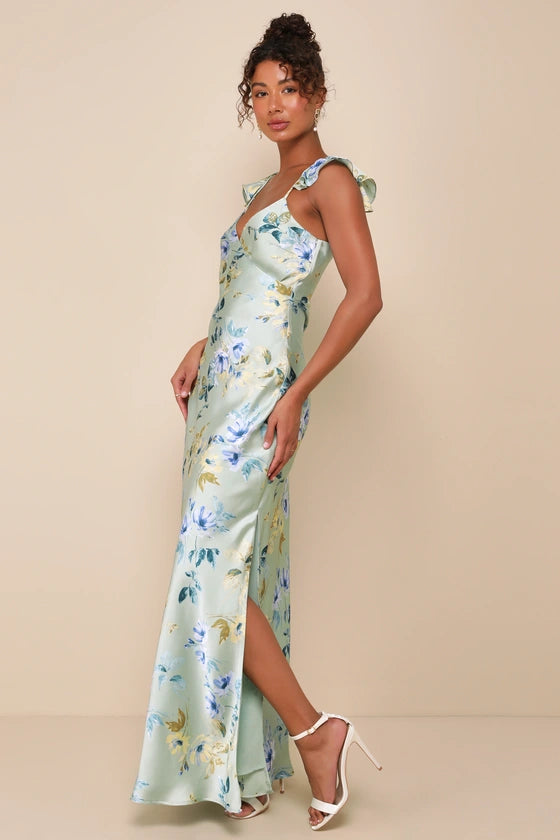 Elegant Fresh Romantic Fitted A-Line V-Neck Ruffle Strap Side Zip Satin Prom Dresses