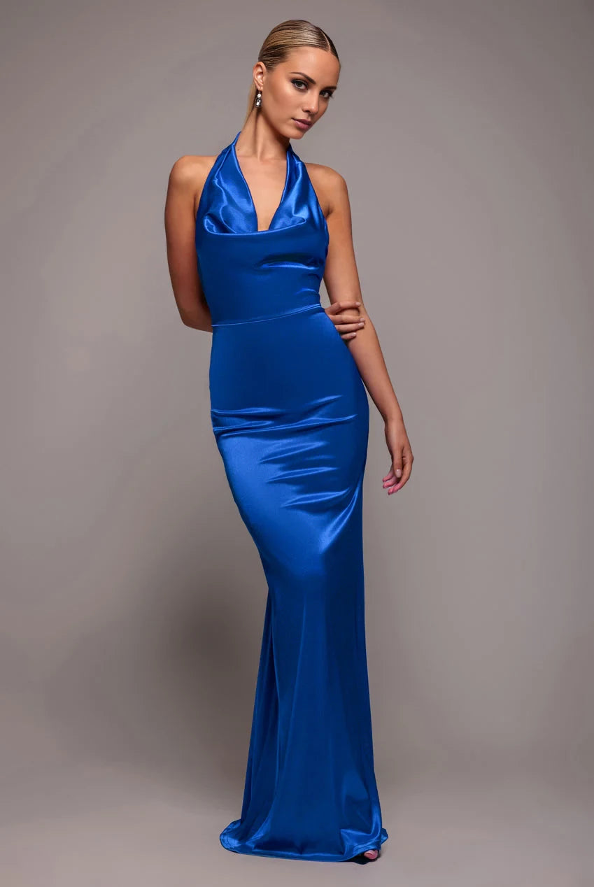 Elegant Halter Neck Sleeveless Open-Back Ruched Satin Mermaid Floor-Length Evening Dress