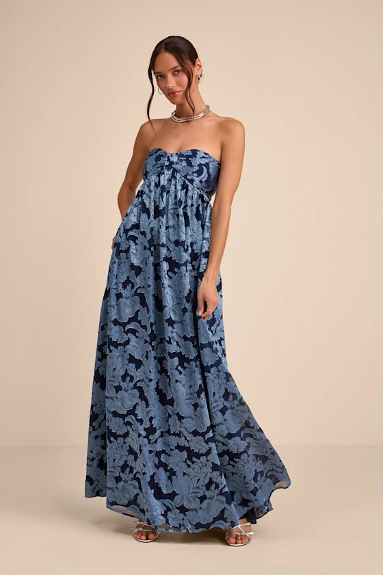 Elegant Jacquard Floral Print Chiffon Maxi Strapless Sweetheart Neck Formal Evening Prom Dresses