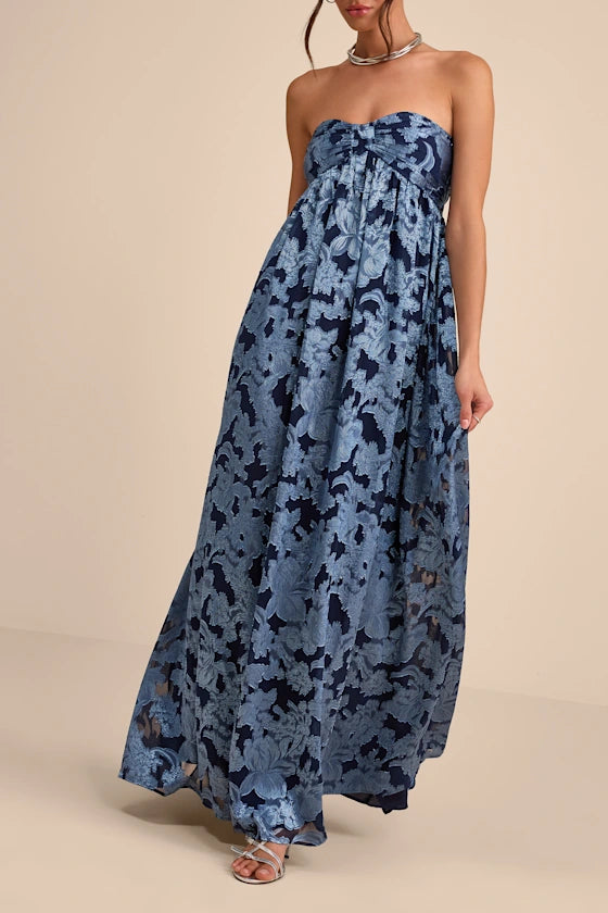 Elegant Jacquard Floral Print Chiffon Maxi Strapless Sweetheart Neck Formal Evening Prom Dresses