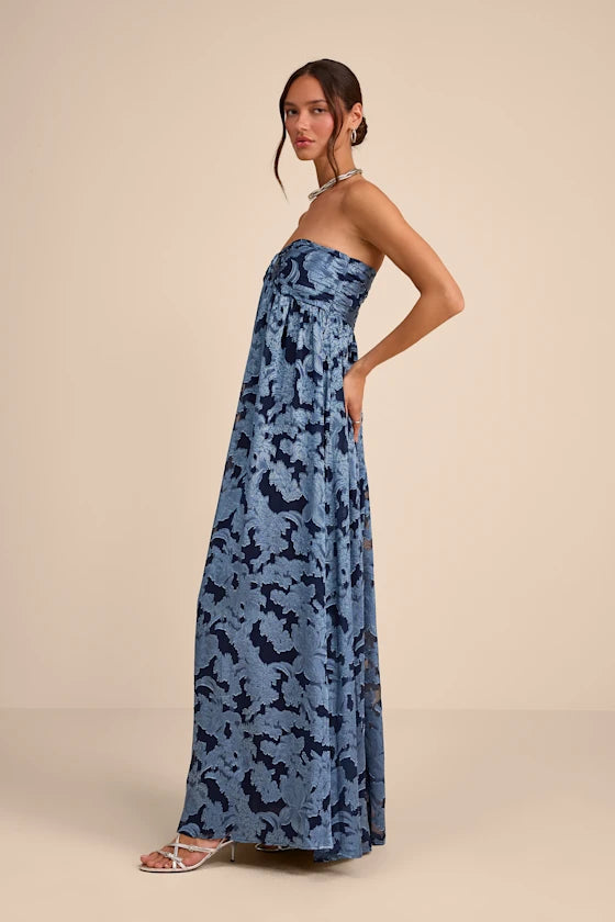 Elegant Jacquard Floral Print Chiffon Maxi Strapless Sweetheart Neck Formal Evening Prom Dresses